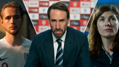 Split image of Will Antenbring as Harry Kane (left), Joseph Fiennes as Gareth Southgate (middle) and Jodie Whittaker as Pippa Grange (right)