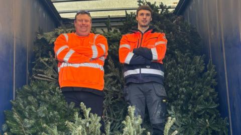 Two men in orange high-vis tops stand with their arms folded and smiling in the back of a lorry filled with real Christmas trees.