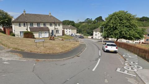 Fegen Road on a sunny day in Plymouth with a white BMW parked on the road and a dry looking patch of grass outside a set of houses. A large tree is on the right of the road.