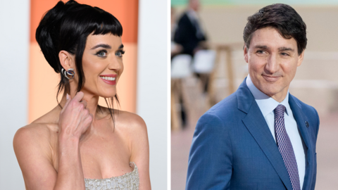 A split screen with upper body photos of Katy Perry on the left and  and Justin Trudeau on the right