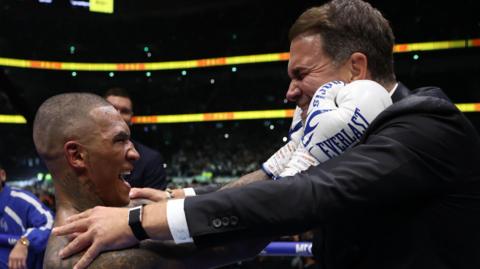 Conor Benn and Eddie Hearn celebrate after the former's win against Chris Eubank Jr