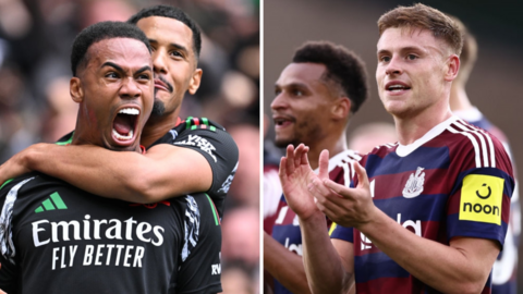 Gabriel celebrates for Arsenal, as does Harvey Barnes for Newcastle