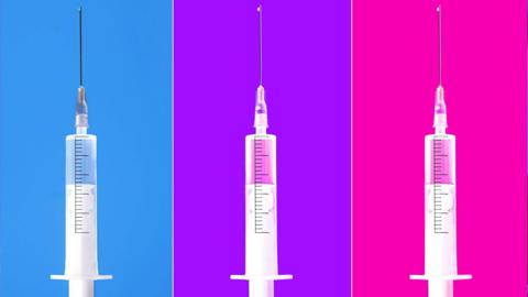 three needles on blue purple and pink backgrounds