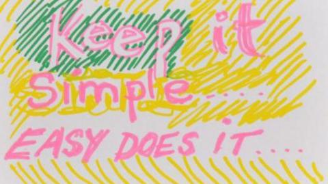 A message by Ronnie Wood says 'Keep it Simple, Easy Does it" in pink writing. It is surrounded by yellow and green pen markings. 