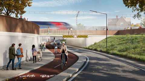 CGI mock-up of the design, which includes a single-lane road for vehicles and a corridor for pedestrians and cyclists.