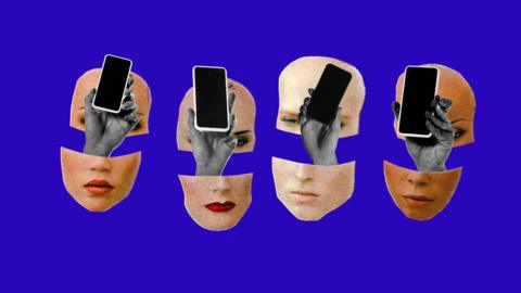 Mannequin heads with hands holding phones coming out of them with a blue background