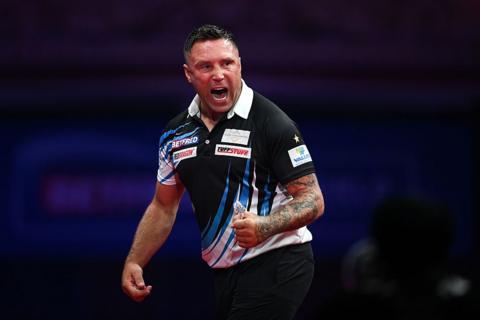 Gerwyn Price celebrates after a checkout at the World Matchplay