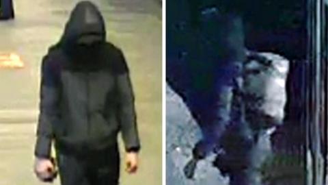 A composite image featuring two angles of a suspect police have linked to an explosion at the US embassy in Norway. The left-hand image shows a person dressed in dark clothing with his hood up and face concealed. The second image shows the back of the suspect carrying what appears to be a rucksack on his back. The images are highly pixelated.