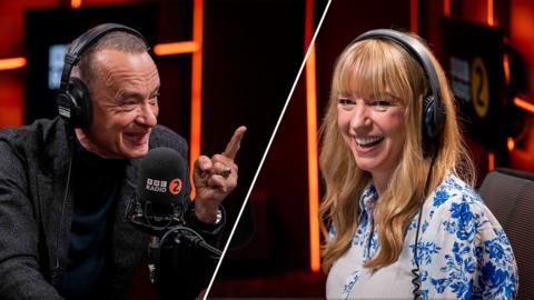 Split image of Tom Hanks and Sara Cox in the BBC Radio 2 studio.