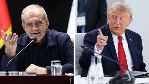 Composite image of Masoud Pezeshkian and Donald Trump both speaking at microphones