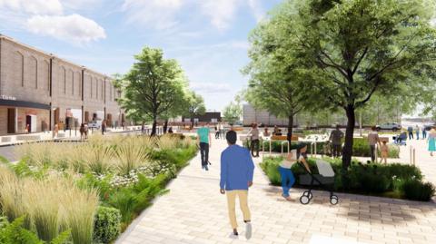 An artist's impression of how Carlisle station could look. There are benches, trees and a small garden at the square in front of the station entrance. 