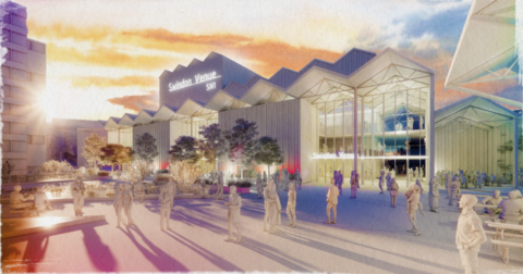 Concept art showing a venue with people walking outside and foliage.