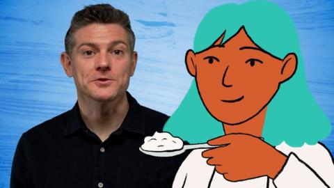 Man being offered yoghurt by an illustrated woman