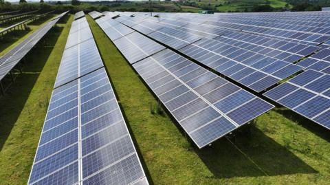 Rows of solar panels fill a grassy field, with a view of the countryside in the distance.