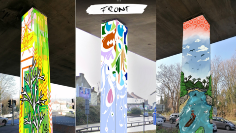 Artist impressions of the three columns. One has trees painted on it. The other is painted in blue with splashes of red and the other is of the river Frome.