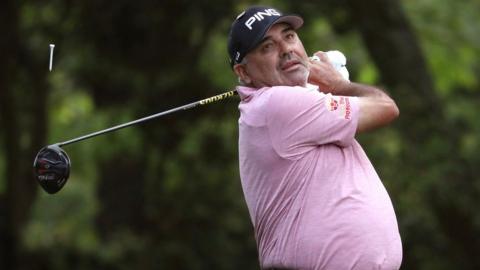 Angel Cabrera of Argentina hits off the second tee during first round play of the 2019 Master golf tournament at Augusta National Golf Club in Augusta, Georgia, U.S., April 11, 2019