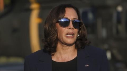 US Vice President Kamala Harris speaks to the press as she visits at the Joint Security Area (JSA) on the Demilitarized Zone (DMZ) in the border village of Panmunjom in Paju, north of Seoul, South Korea, 29 September 2022.
