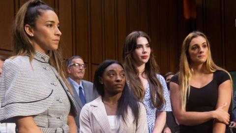 lympic gymnasts Aly Raisman, Simone Biles, McKayla Maroney and NCAA and world champion gymnast Maggie Nichols leave after testifying during a Senate Judiciary hearing about the Inspector General's report on the FBI handling of the Larry Nassar investigation of sexual abuse