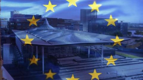 Senedd building and European flag