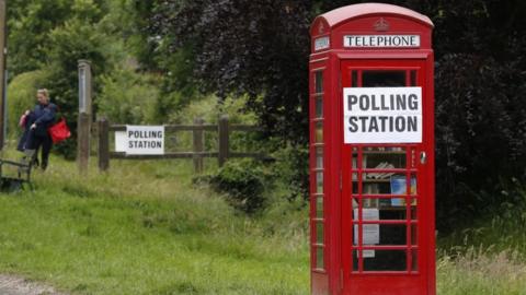 A telephone box with a polling station sign