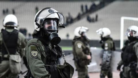 Riot police at the Olympic Stadium in Athens