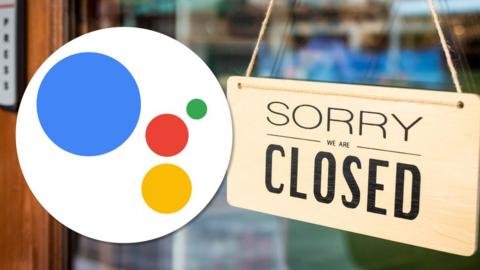 A restaurant's closed sign is seen with a Google Assistant logo over