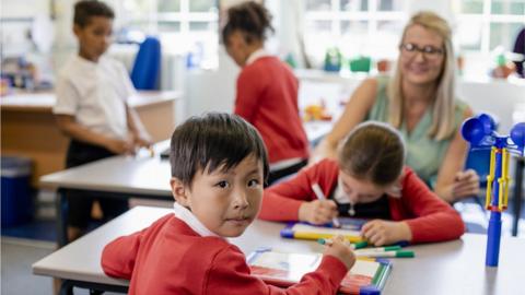 A boy in a primary school classroom