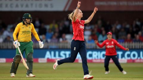 England bowler Freya Kemp celebrates taking a wicket