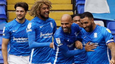 Birmingham celebrate Troy Deeney's goal