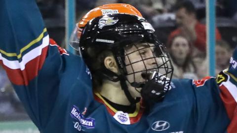 Mack Stewart celebrates scoring his first goal for the Giants