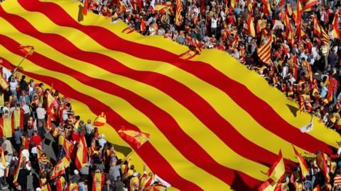 Pro-unity supporters take part in a demonstration in central Barcelona, Spain, October 29, 2017.