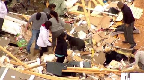 The animal is safely rescued from a home in Tennessee after tornadoes ripped through the state.