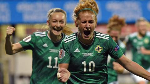 Rachel Furness and Lauren Wade celebrate a goal