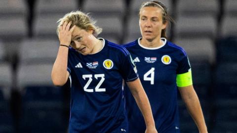 A dejected Erin Cuthbert and Rachel Corsie