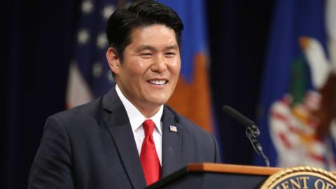 U.S. Attorney for the District of Maryland Robert Hur delivers remarks during Deputy Attorney General Rod Rosenstein's farewell ceremony at the Robert F. Kennedy Main Justice Building May 09, 2019 in Washington, DC.