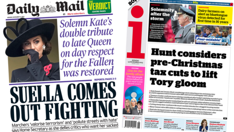 “Suella comes out fighting”, reads the Daily Mail and “Hunt considers pre-Christmas tax cuts to lift Tory gloom”, reads the i.