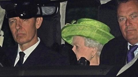 The Queen leaves the christening in Windsor Great Park in Berkshire