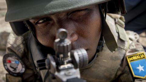 Somalian soldiers attend a military training given by the Turkish Armed Forces's Somalia Turkish Task Force Command at the Anatolian Barracks