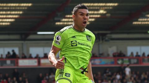 Casemiro celebrates after scoring the winner for Manchester United against Bournemouth