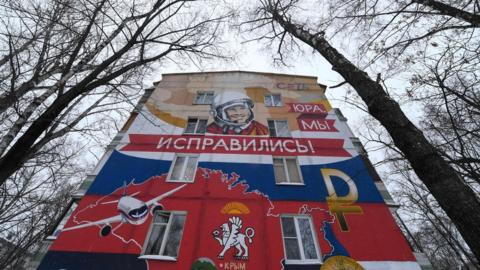A large graffiti in Moscow depicts Soviet cosmonaut Yury Gagarin