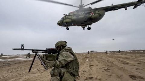 Russian and Belarusian soldiers drill together in Brest, 19 February