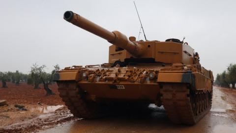 A Turkish military tank near Barsaya Hill, north-east of Afrin, Syria (23 January 2018)