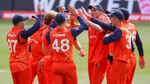 Netherlands celebrating a wicket