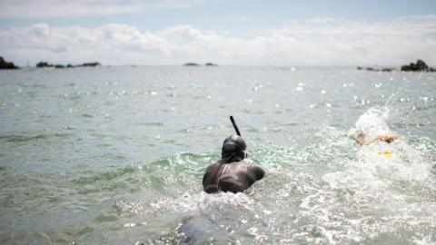 Ben Lecomte begins his swim in Choshi, Chiba prefecture, Japan, 5 June