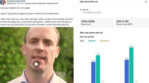 Picture showing Raab advert and statistics which show it has mainly been seen by older people