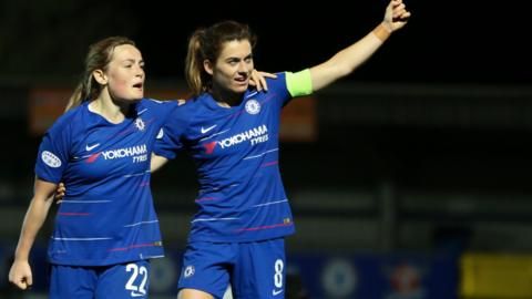 Erin Cuthbert (left) and Karen Carney celebrate Chelsea's second goal