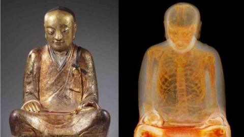 The Zhanggong Patriarch and x-ray images of the monk's remains inside