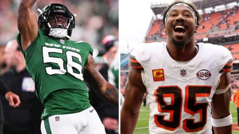 New York Jets and Cleveland Browns players celebrate their wins in week six of the NFL