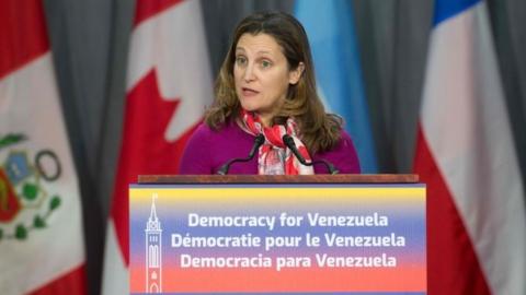 In this file photo taken on February 04, 2019 Canadian Prime Minister Chrystia Freeland delivers her opening remarks at the 10th Lima Group in Ottawa, Ontario