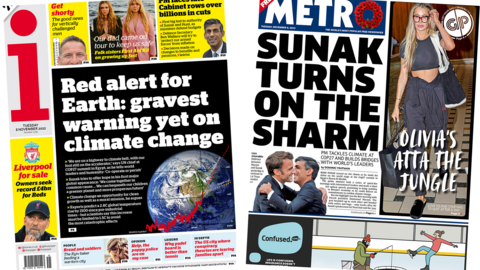 The headline in the i reads, "Red alert for Earth: gravest warning yet on climate change", while the headline in the Metro reads, "Sunak turns on the Sharm".